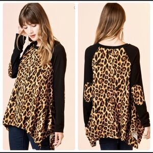 Raglan Cheetah Print Shark Bite Hem Top